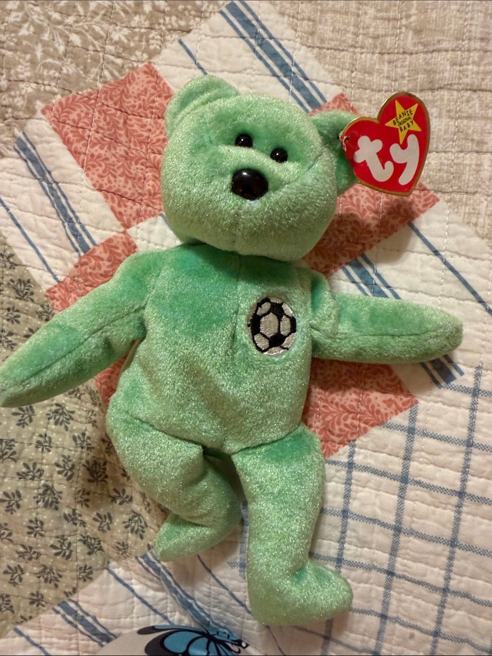 Ty Green Soccer Bear Plush with Stitched Ball Emblem